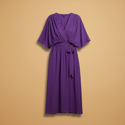 Vivien | Damen Chiffon Midikleid mit V Ausschnitt und Bindegürtel