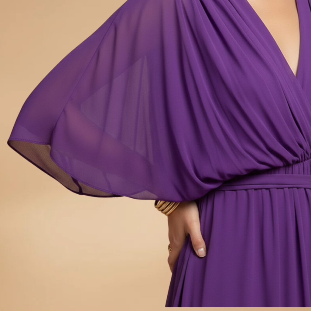 Vivien | Damen Chiffon Midikleid mit V Ausschnitt und Bindegürtel