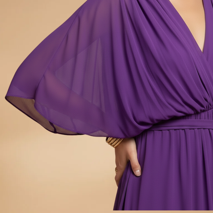 Vivien | Damen Chiffon Midikleid mit V Ausschnitt und Bindegürtel