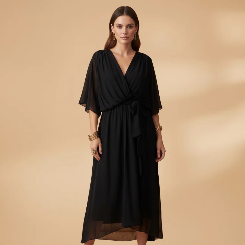Vivien | Damen Chiffon Midikleid mit V Ausschnitt und Bindegürtel