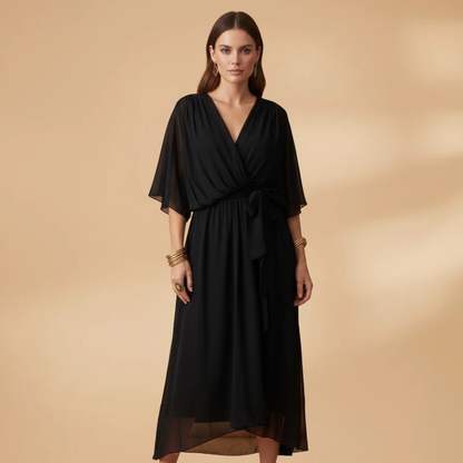 Vivien | Damen Chiffon Midikleid mit V Ausschnitt und Bindegürtel