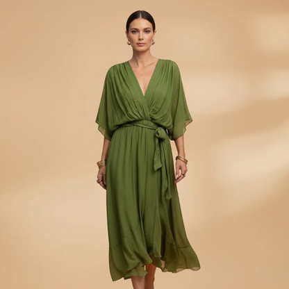 Vivien | Damen Chiffon Midikleid mit V Ausschnitt und Bindegürtel