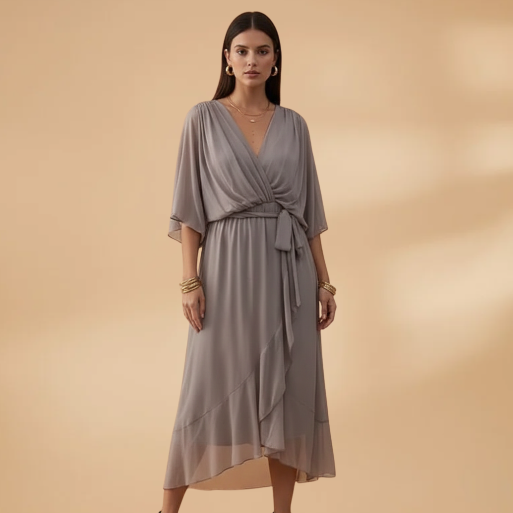 Vivien | Damen Chiffon Midikleid mit V Ausschnitt und Bindegürtel