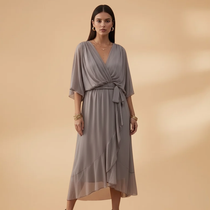Vivien | Damen Chiffon Midikleid mit V Ausschnitt und Bindegürtel
