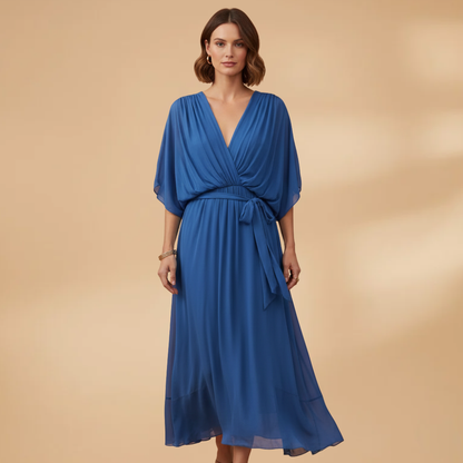 Vivien | Damen Chiffon Midikleid mit V Ausschnitt und Bindegürtel