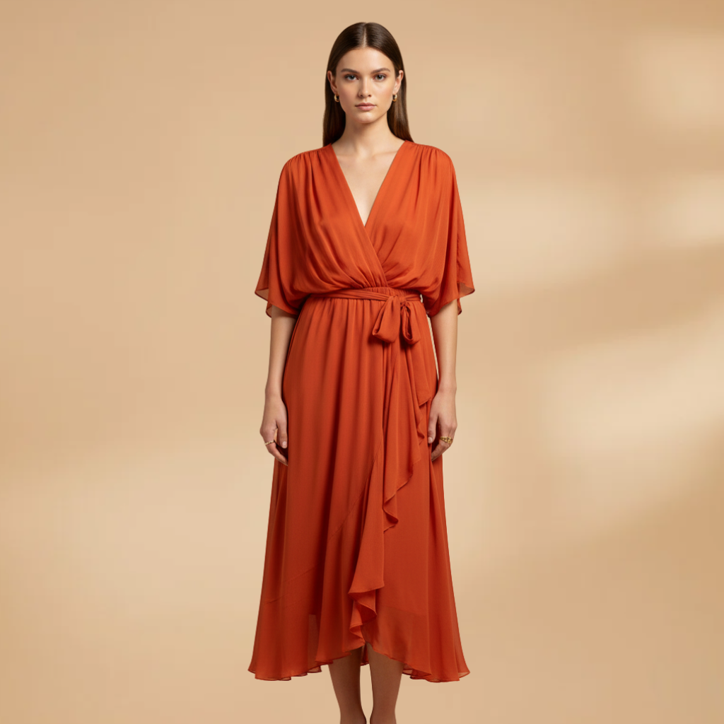 Vivien | Damen Chiffon Midikleid mit V Ausschnitt und Bindegürtel