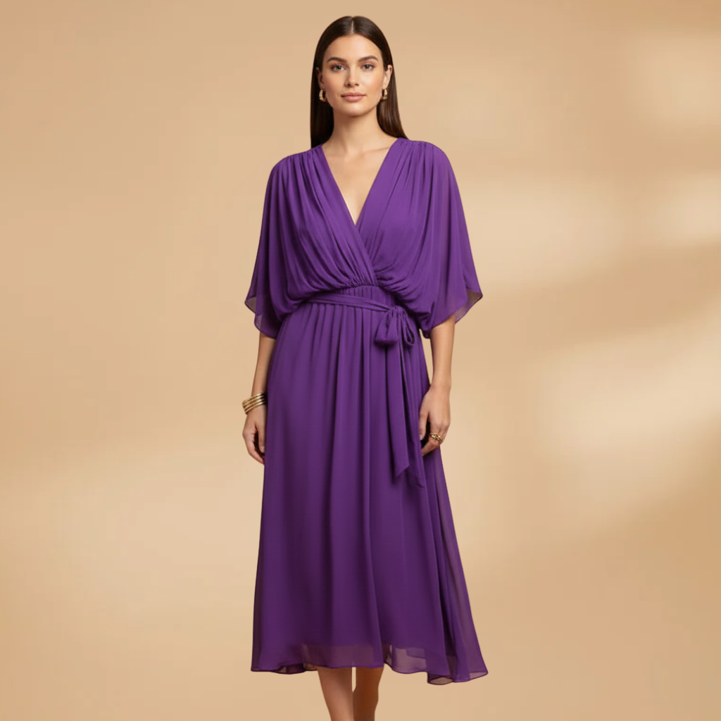 Vivien | Damen Chiffon Midikleid mit V Ausschnitt und Bindegürtel
