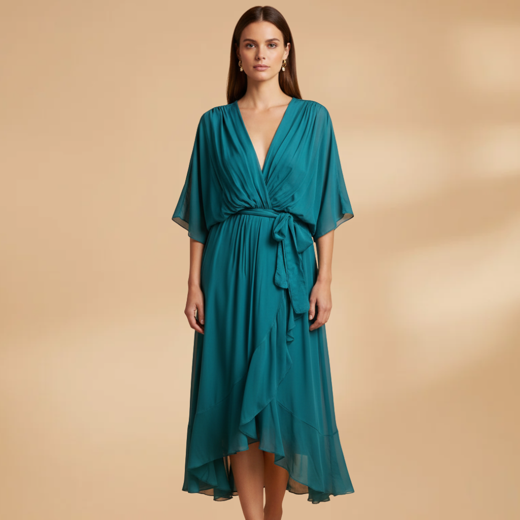Vivien | Damen Chiffon Midikleid mit V Ausschnitt und Bindegürtel