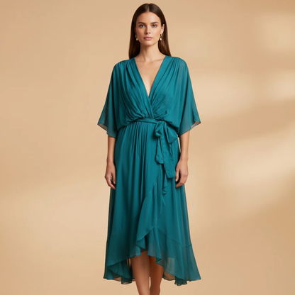 Vivien | Damen Chiffon Midikleid mit V Ausschnitt und Bindegürtel