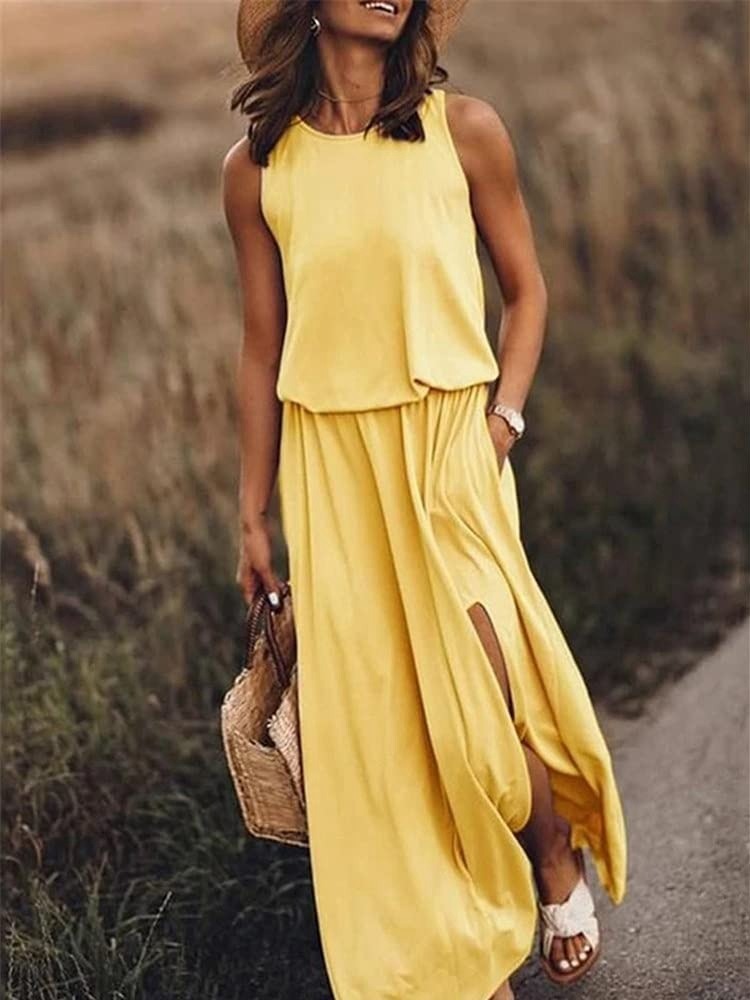 Jovina | Damen Maxikleid ärmellos mit Seitenschlitzen