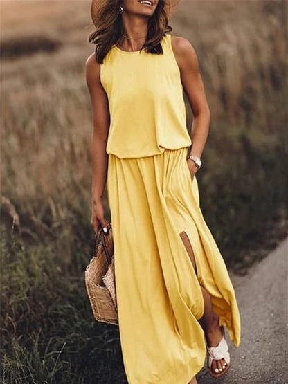 Jovina | Damen Maxikleid ärmellos mit Seitenschlitzen