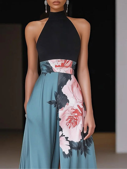 Lareva | Damen Maxikleid mit Halter Ausschnitt und A Linien Schnitt