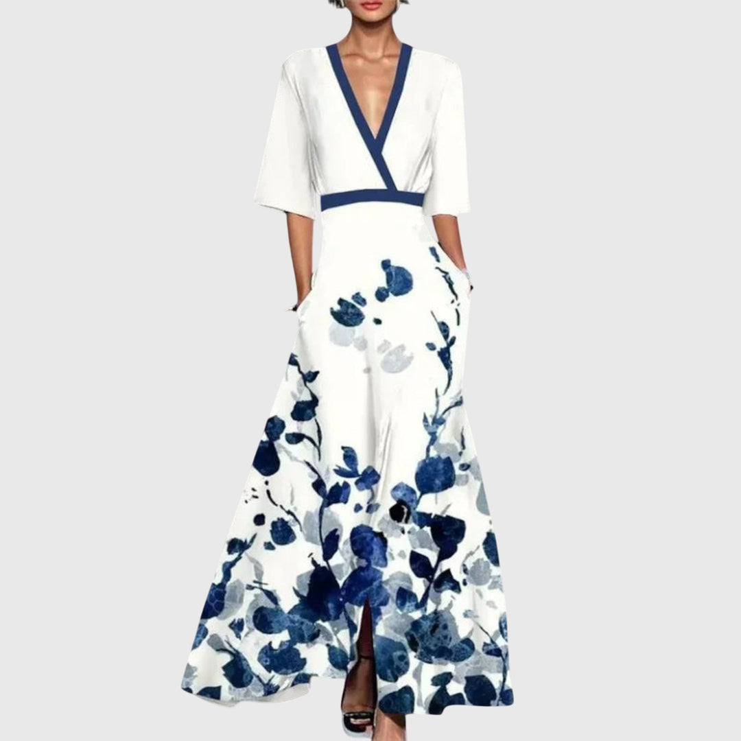 Estella | Elegant women's maxi dress with V-neck | short sleeves