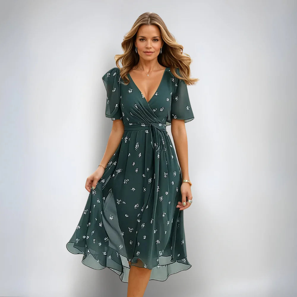 Ilona | Sommer-Midikleid mit V-Ausschnitt und kurzen Ärmeln | Midi