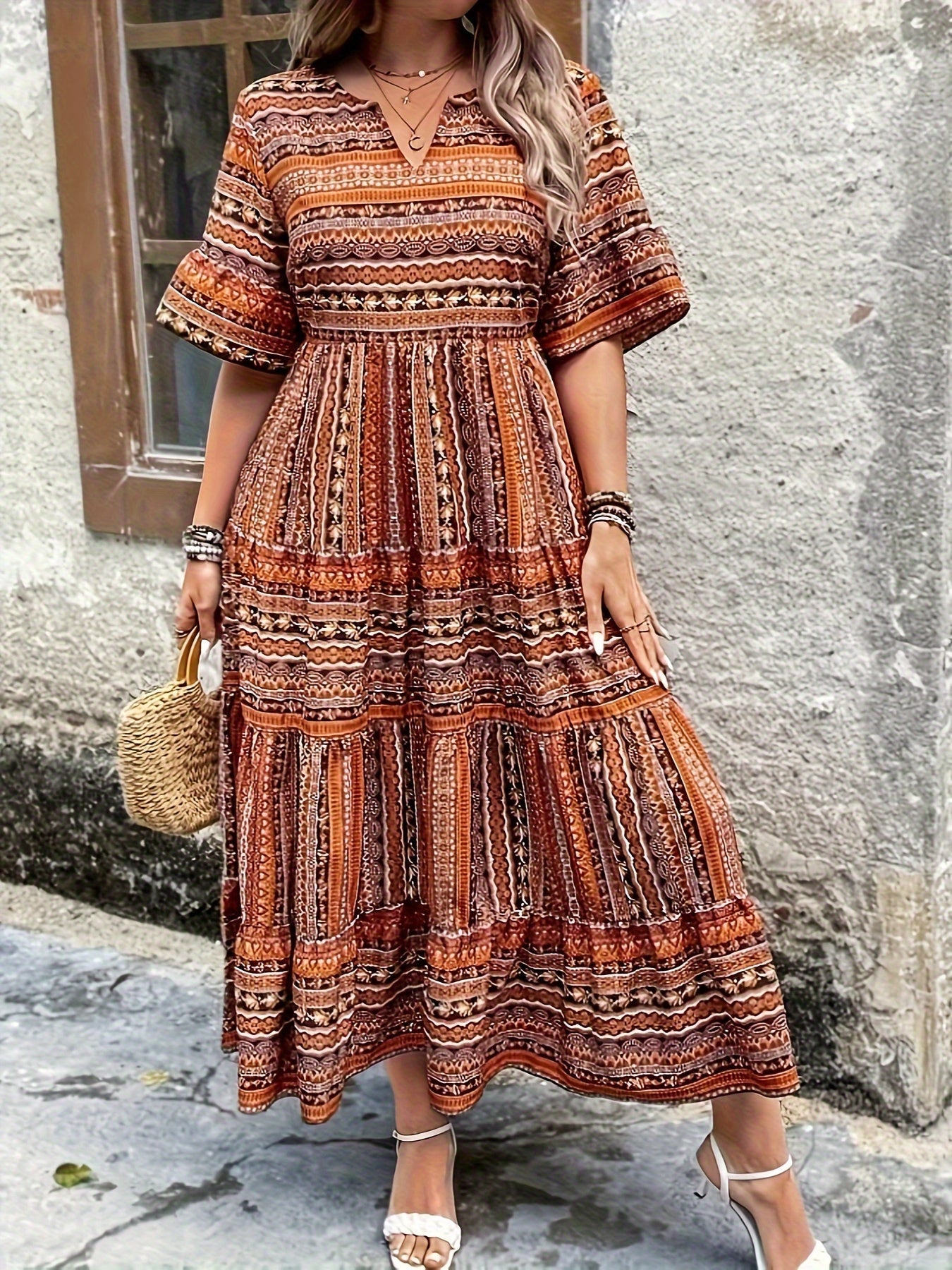 Marlena | Damen Boho Midikleid mit Printmuster