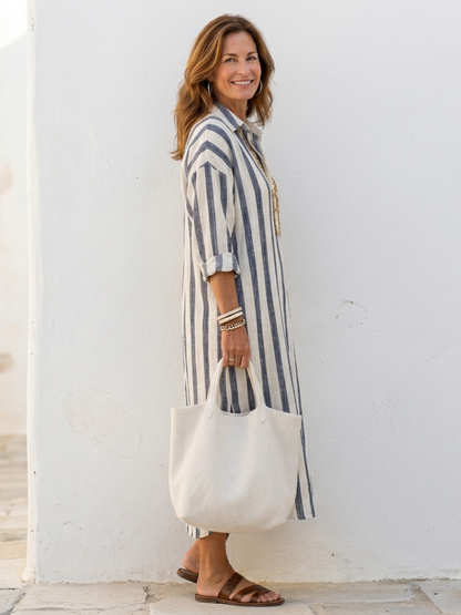 Manuela | Damen Gestreiftes Midikleid mit langen Ärmeln und Hemdkragen