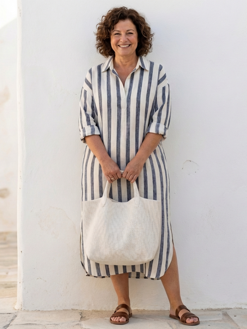 Manuela | Damen Gestreiftes Midikleid mit langen Ärmeln und Hemdkragen