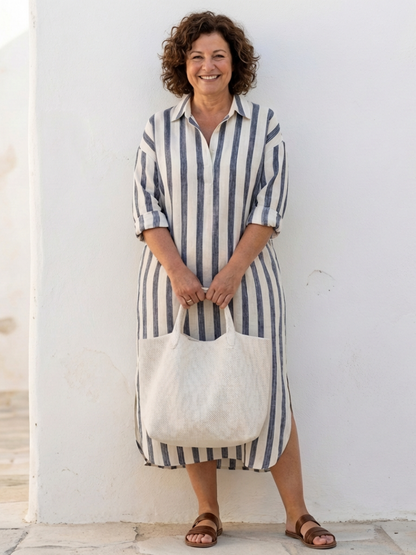 Manuela | Damen Gestreiftes Midikleid mit langen Ärmeln und Hemdkragen