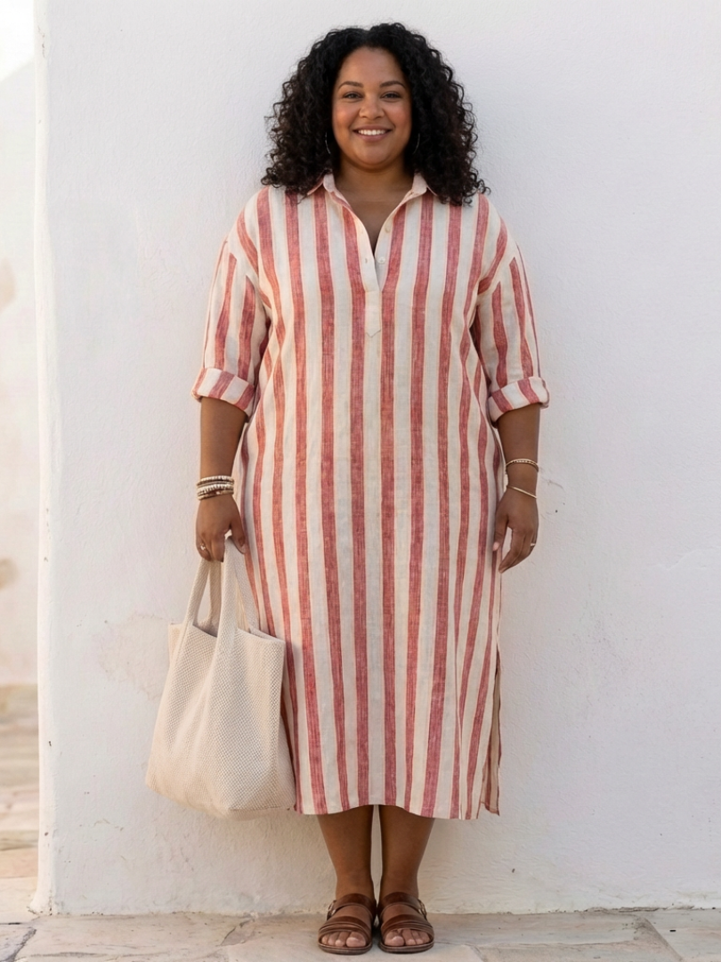 Manuela | Damen Gestreiftes Midikleid mit langen Ärmeln und Hemdkragen