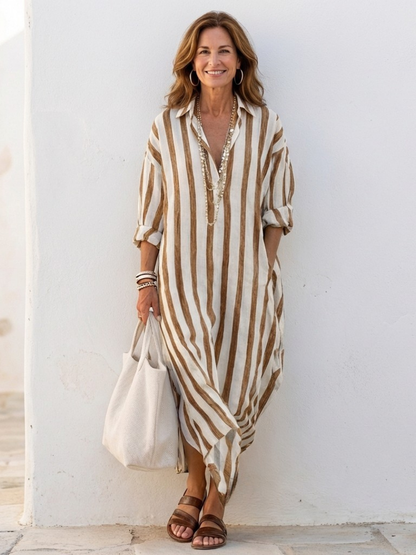 Manuela | Damen Gestreiftes Midikleid mit langen Ärmeln und Hemdkragen