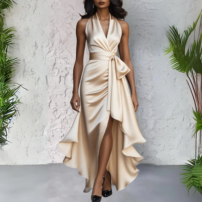 Elfriede | Damen Maxikleid mit Neckholder und Wickeloptik