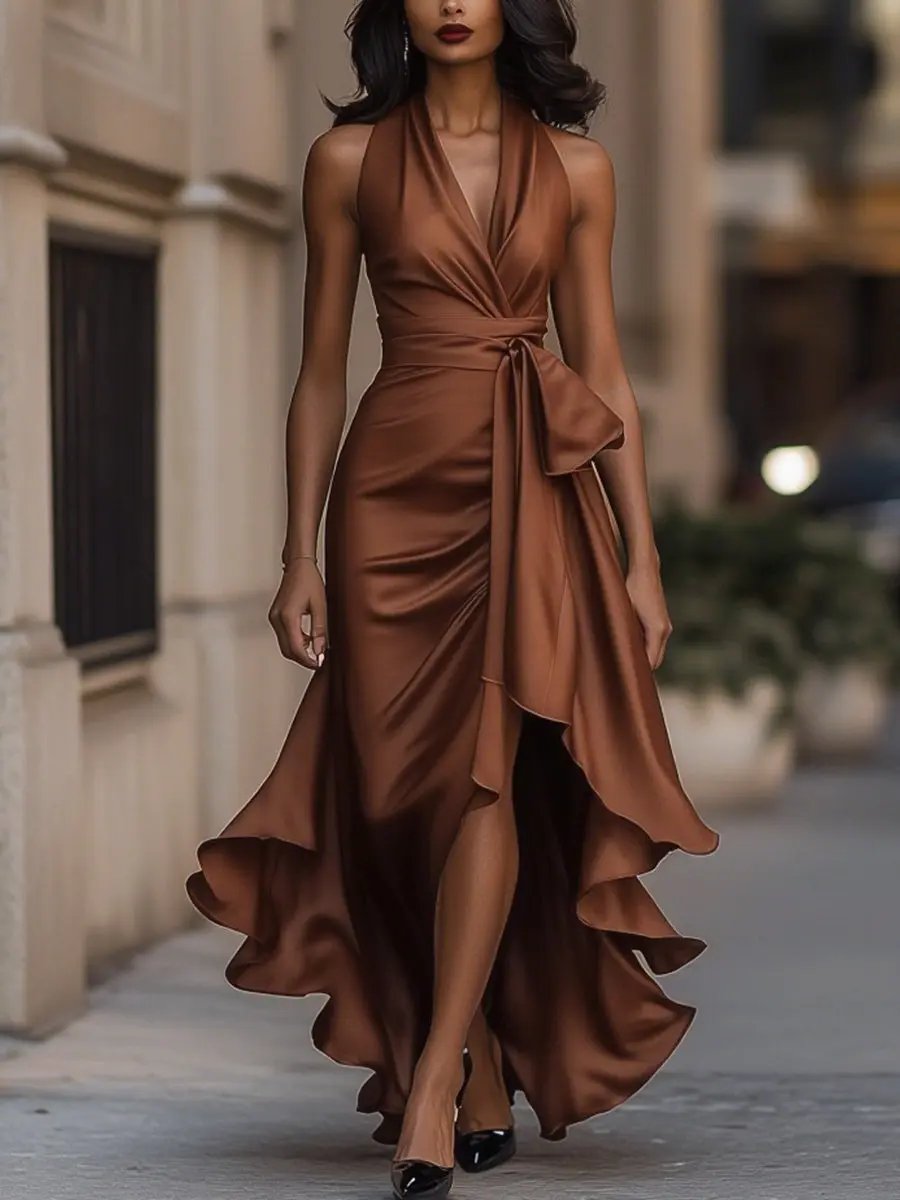 Elfriede | Damen Maxikleid mit Neckholder und Wickeloptik