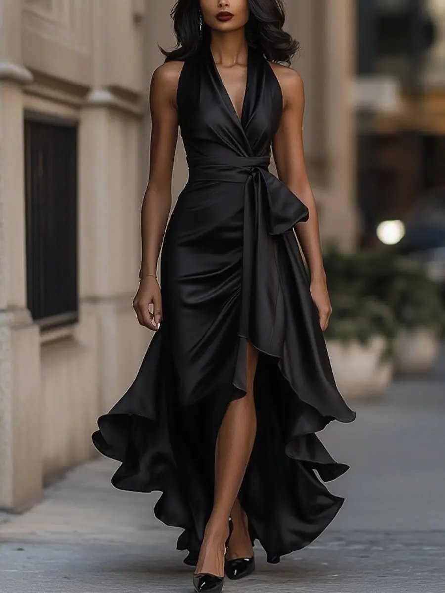 Elfriede | Damen Maxikleid mit Neckholder und Wickeloptik