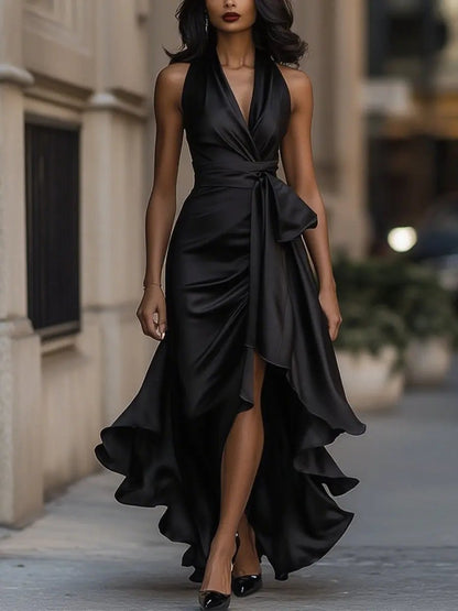 Elfriede | Damen Maxikleid mit Neckholder und Wickeloptik