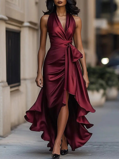 Elfriede | Damen Maxikleid mit Neckholder und Wickeloptik