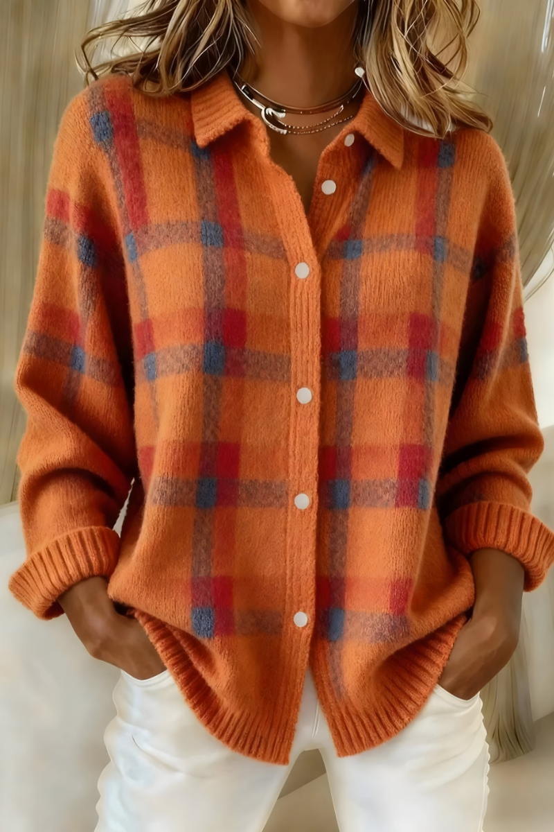 Barbara | Damen karierte Strickjacke mit Knopfleiste