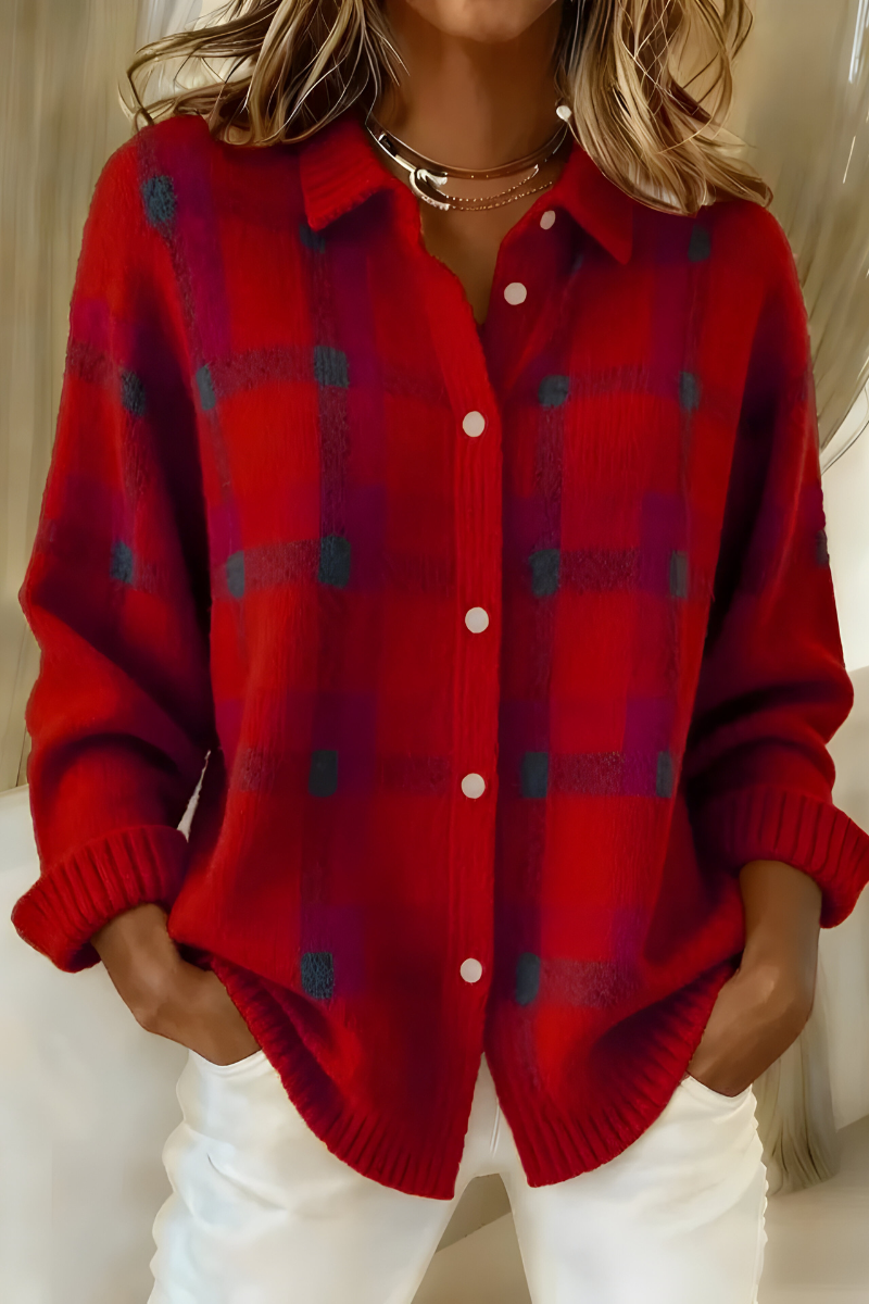 Barbara | Damen karierte Strickjacke mit Knopfleiste
