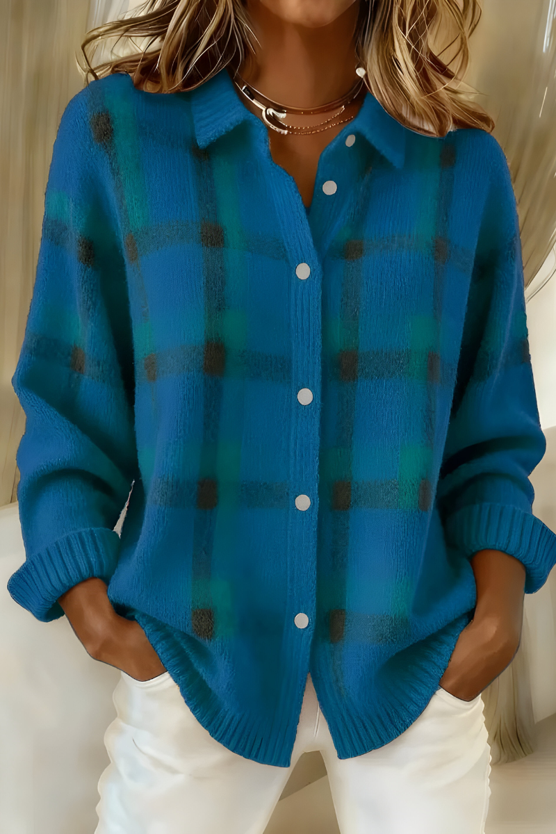 Barbara | Damen karierte Strickjacke mit Knopfleiste