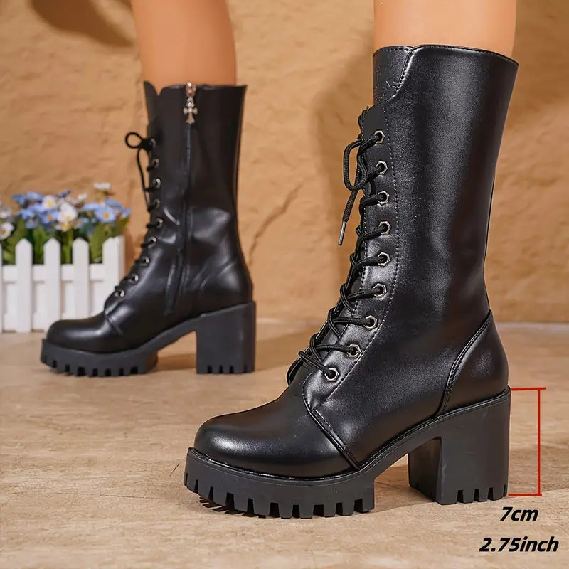 Ida | Damen schwarze Combat-Stiefel mit veters und chunky Absatz