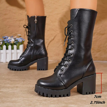 Ida | Damen schwarze Combat-Stiefel mit veters und chunky Absatz