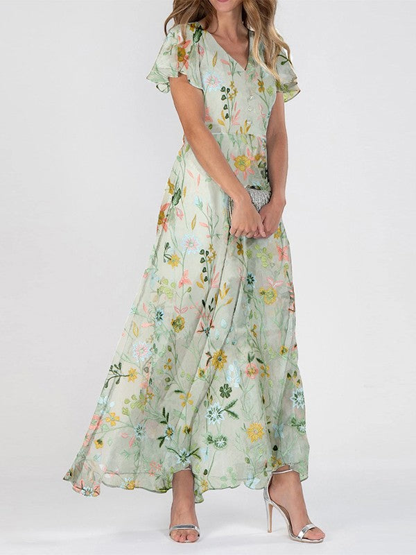 Marlene | Damen Maxikleid mit Blumenmuster und V Ausschnitt
