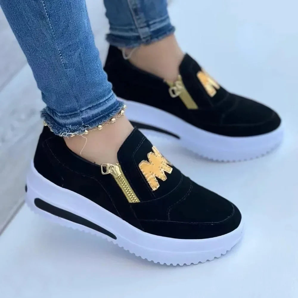 Sara | Damen Slip-On Sneaker mit seitlichem Reißverschluss | Golddetails