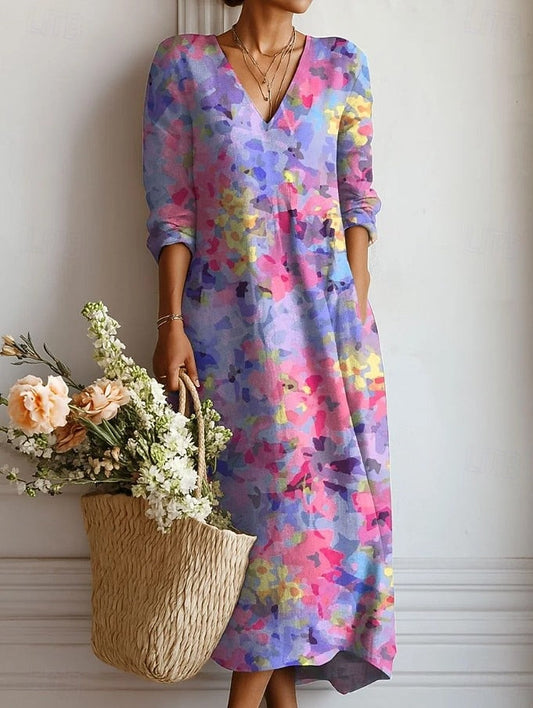 Herta | Damen Midikleid mit V Ausschnitt und floralem Muster