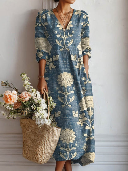 Herta | Damen Midikleid mit V Ausschnitt und floralem Muster