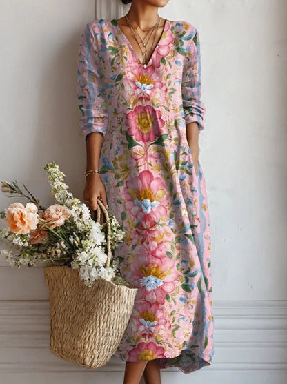 Herta | Damen Midikleid mit V Ausschnitt und floralem Muster