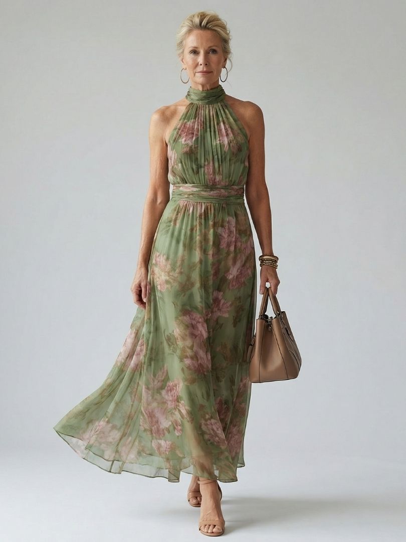 Tanja | Damen Midikleid mit Neckholder und floralem Muster