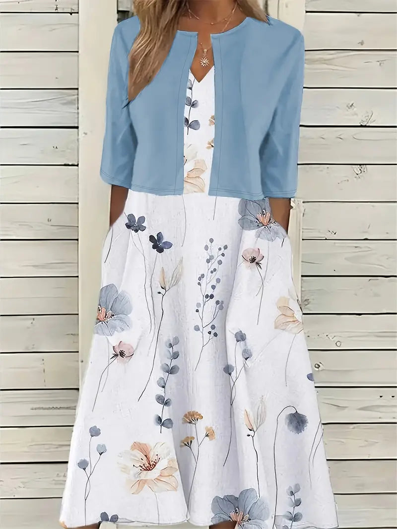 Frieda | Women's Elegant Floral Dress Set with Short Top