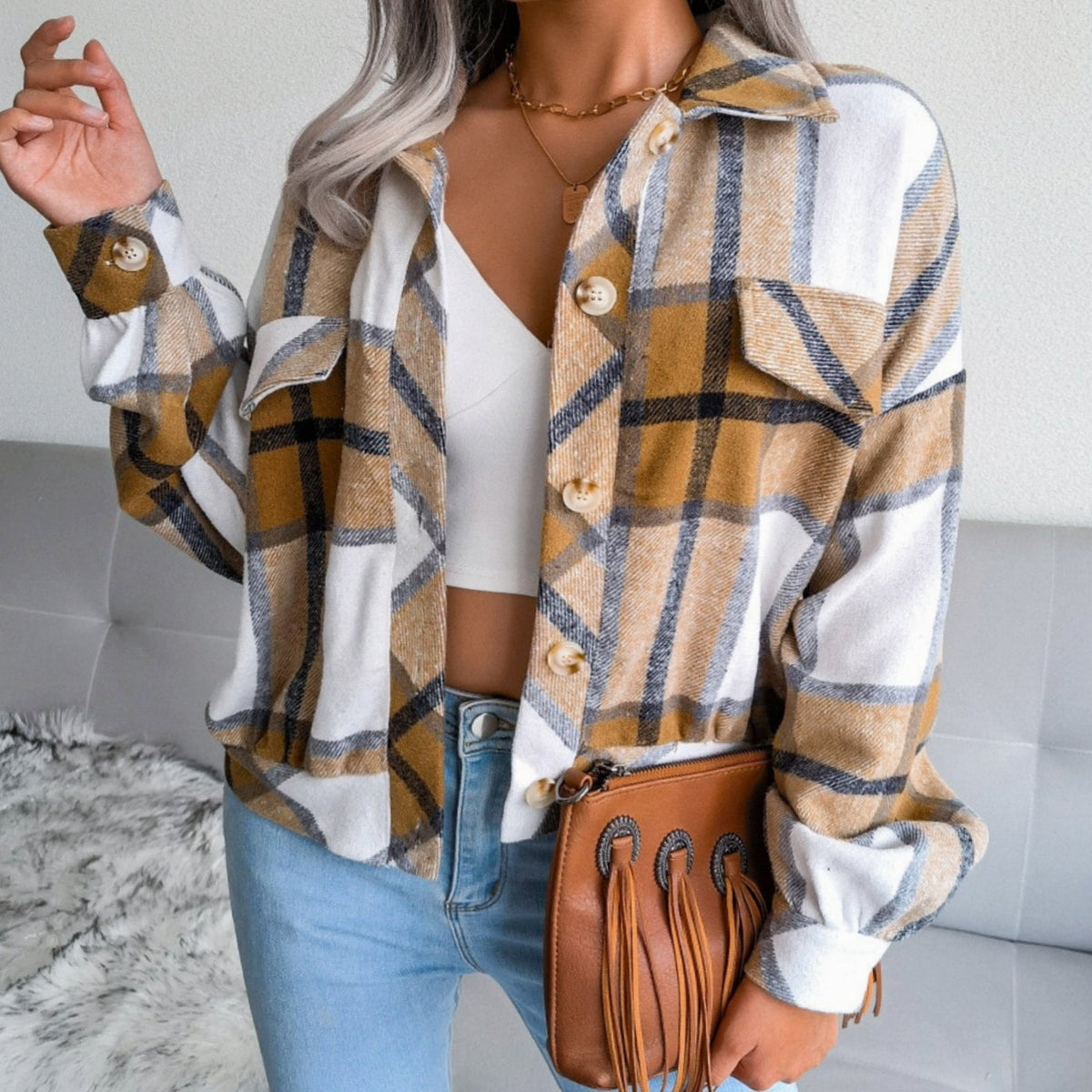 Lara | Damen Oversized Shacket mit Karo-Muster