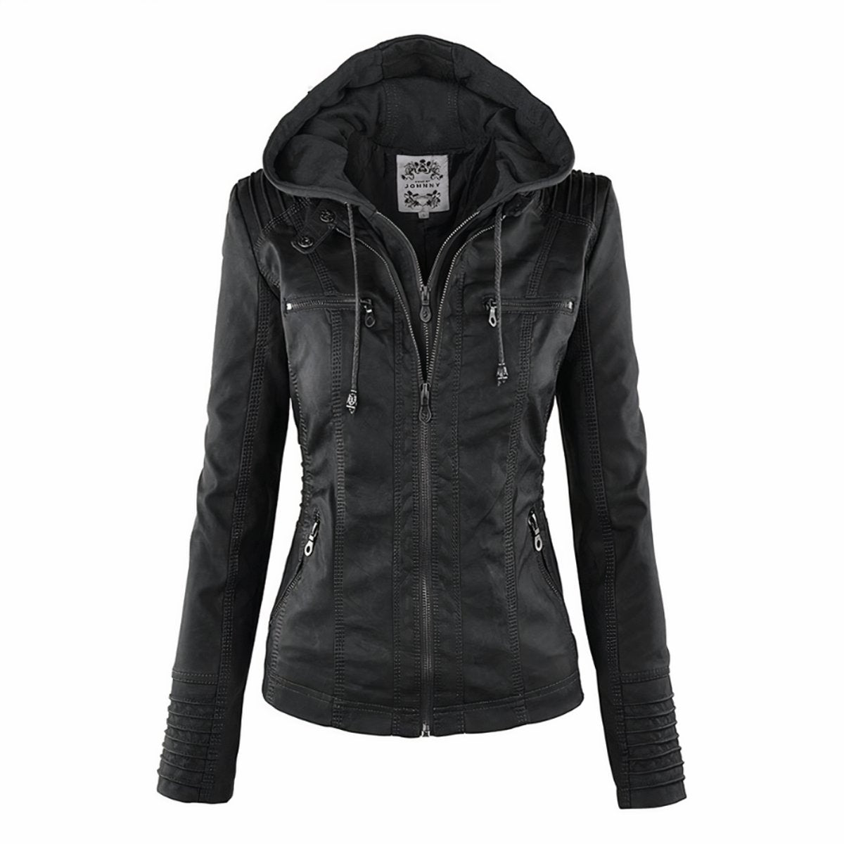 Sofia | Damen Bikerjacke mit Kunstleder und abnehmbarer Kapuze
