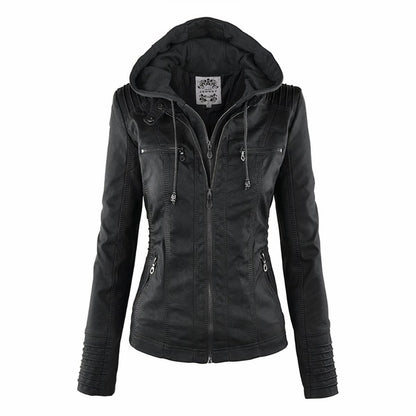 Sofia | Damen Bikerjacke mit Kunstleder und abnehmbarer Kapuze
