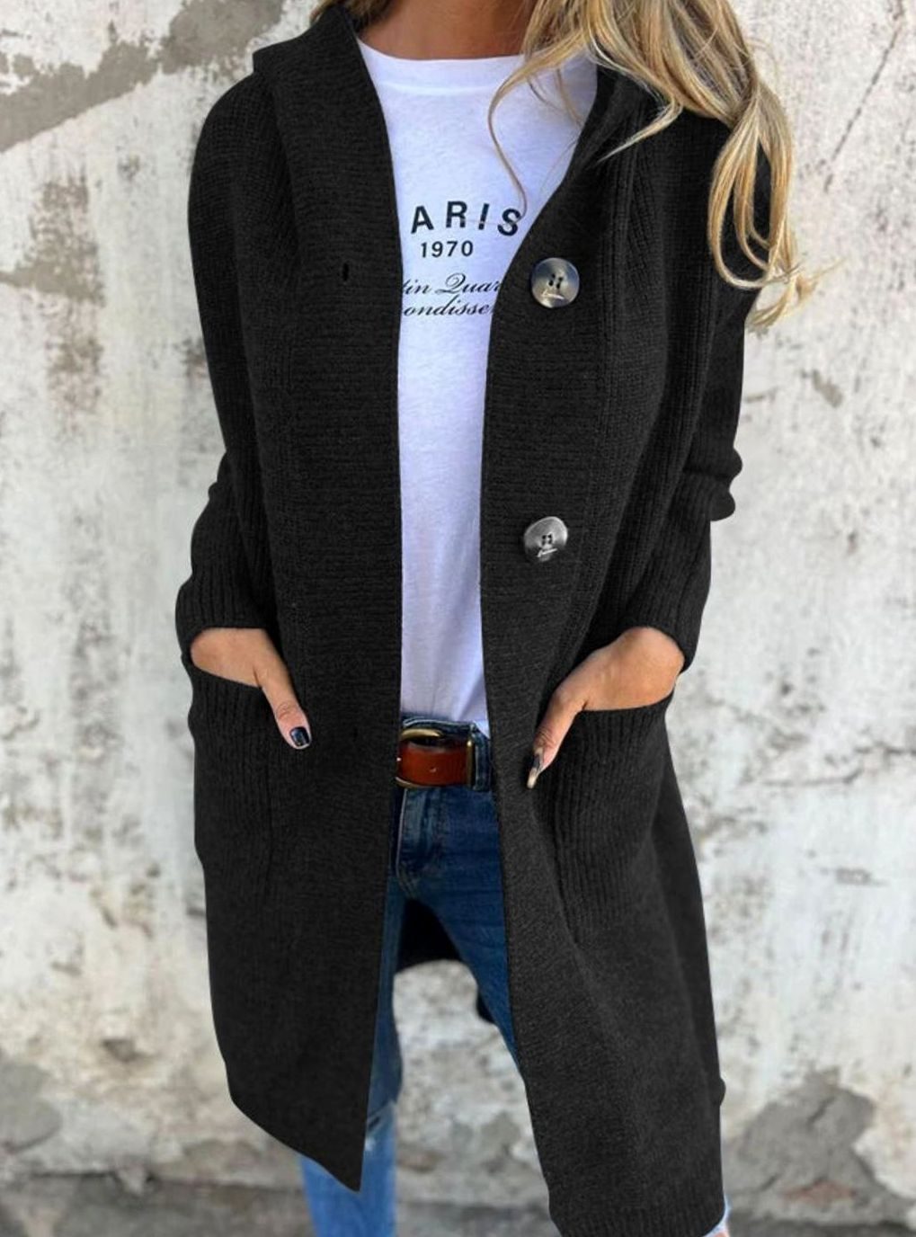 Nina | Damen lange Strickjacke mit Knöpfen