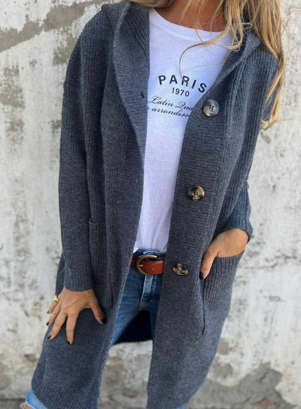 Nina | Damen lange Strickjacke mit Knöpfen