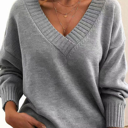 Fiona | Damen Oversized Strickpullover mit V-Ausschnitt