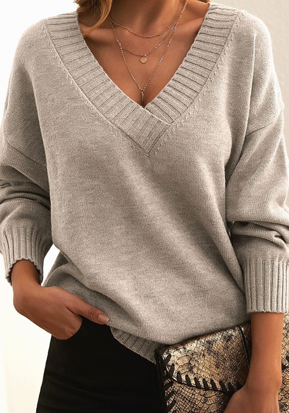 Fiona | Damen Oversized Strickpullover mit V-Ausschnitt