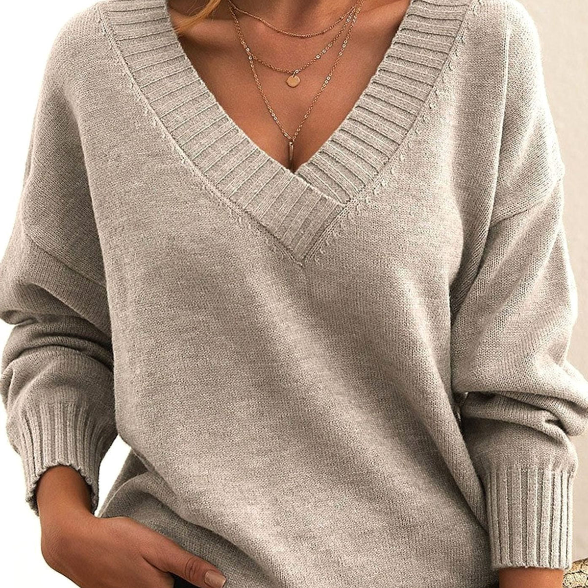 Fiona | Damen Oversized Strickpullover mit V-Ausschnitt