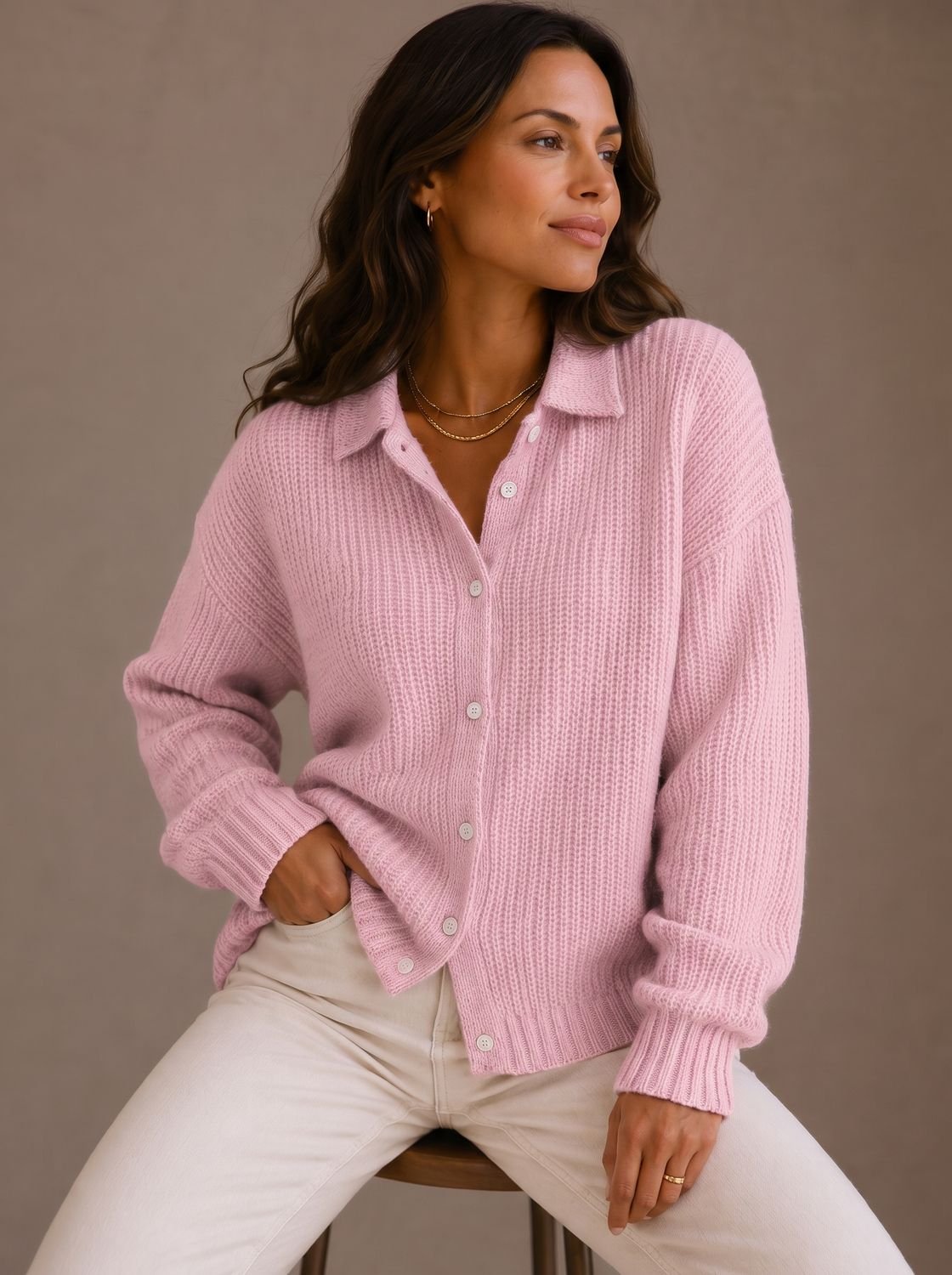 Ronja | Damen Oversized Cardigan mit Kragen und Knopfleiste